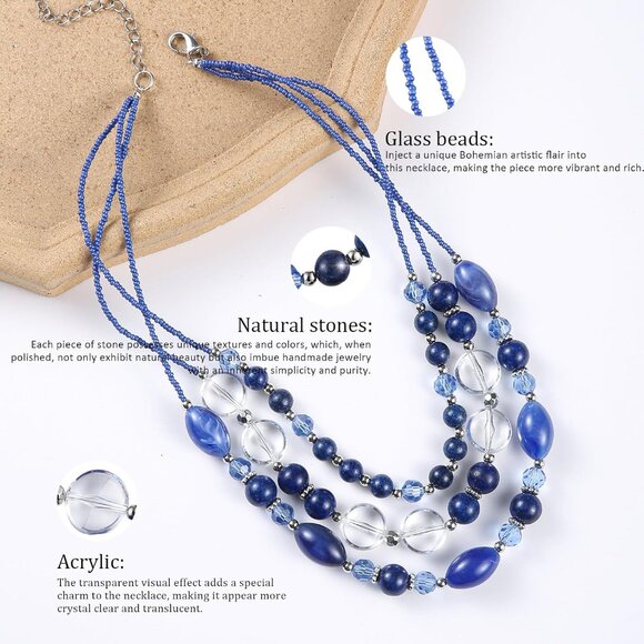 Sapphire multi-strand layered beaded crystal necklace for women with lobster cla - Picture 5 of 7